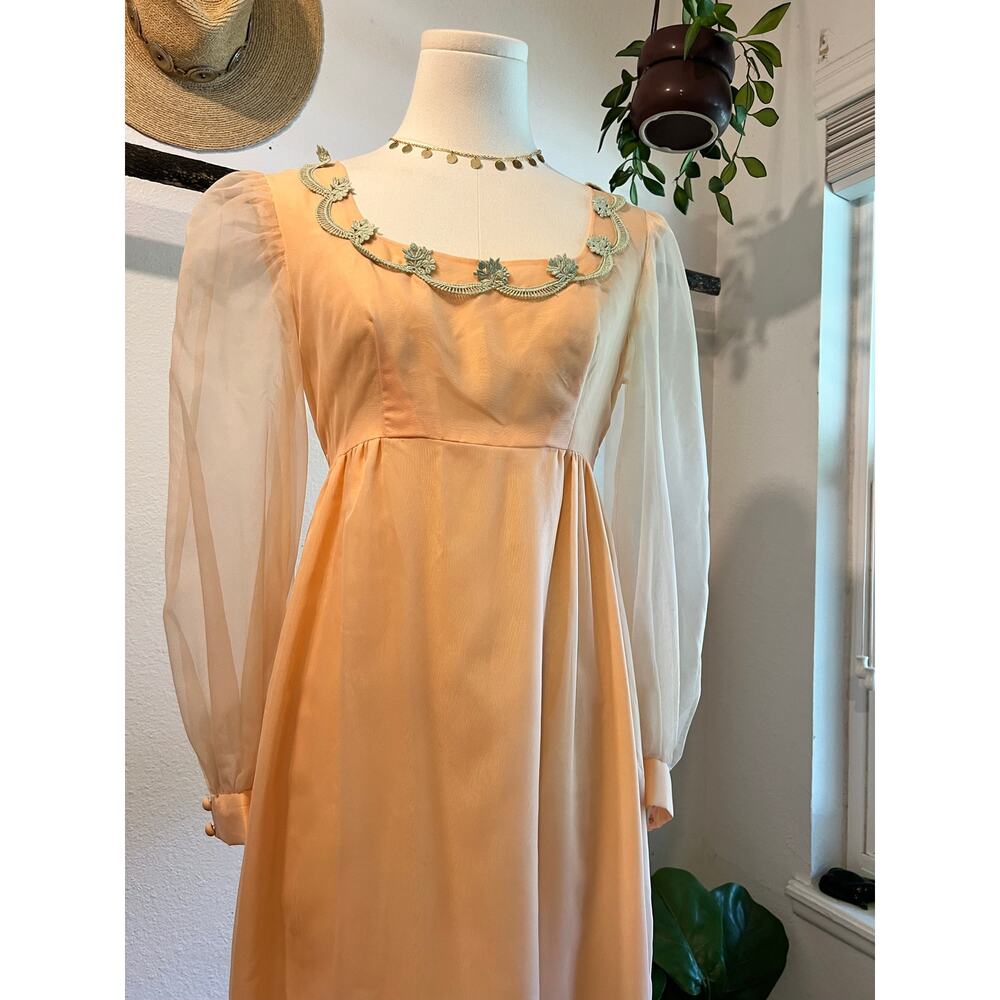 Vintage 60s Peach Green Floral Trim Princess Puffed Long Sleeve Dress Size Small - Picture 4 of 15